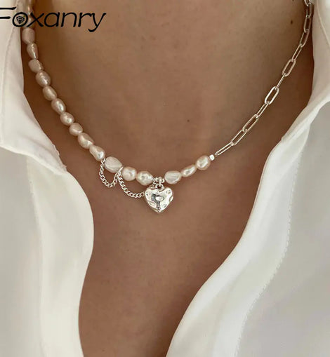 Heart Tag Necklace - Chain & Pearls